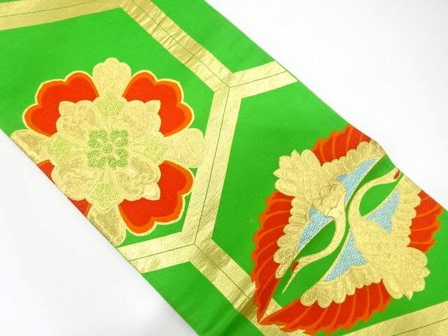 JAPANESE KIMONO / ANTIQUE FUKURO OBI / SILK / WOVEN CRANE & FLORAL CREST